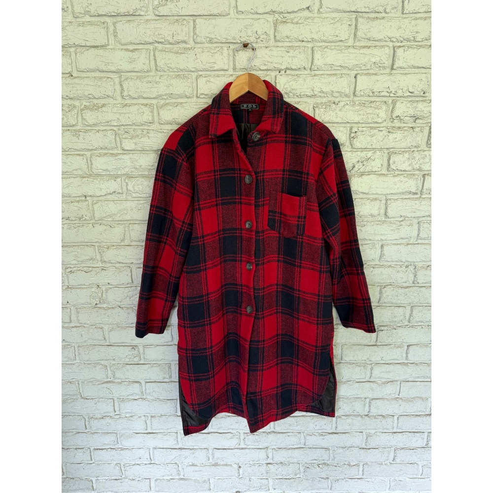 POL Red and Black Plaid Women's Longline Button Up Coat Shirt Jacket Size M